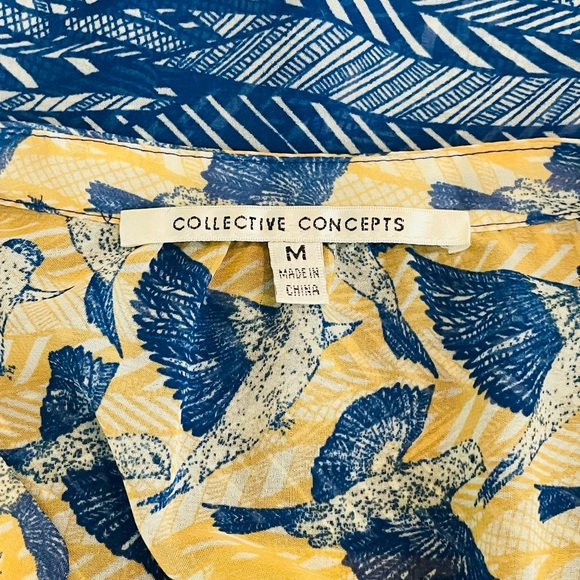 COLLECTIVE CONCEPTS Sz M Golden Yellow/Blue Birds Print 3/4 Sleeve Women Blouse - Picture 5 of 6